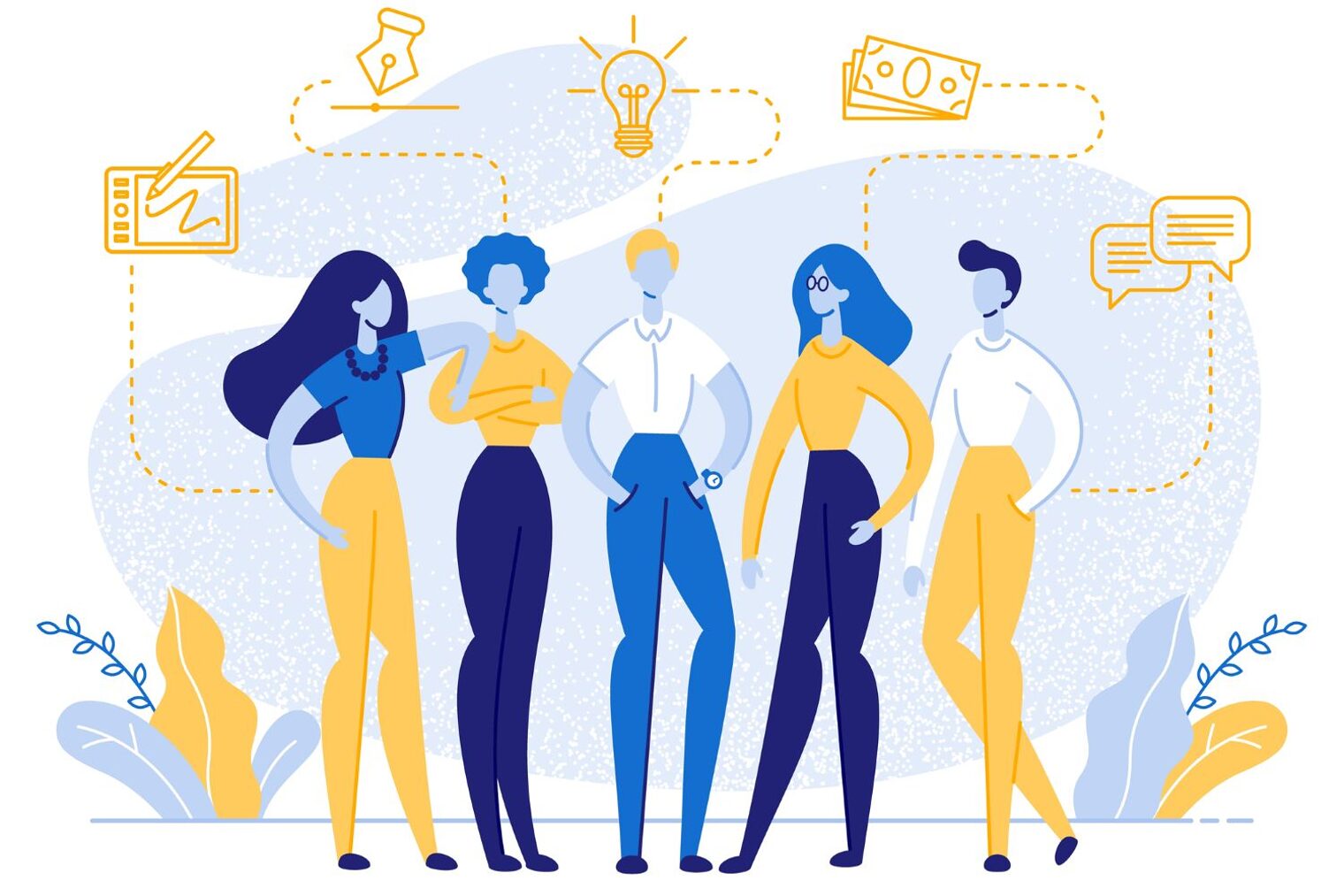 Illustration einer Gruppe von Frauen im Business, die zusammenstehen und sich unterhalten.