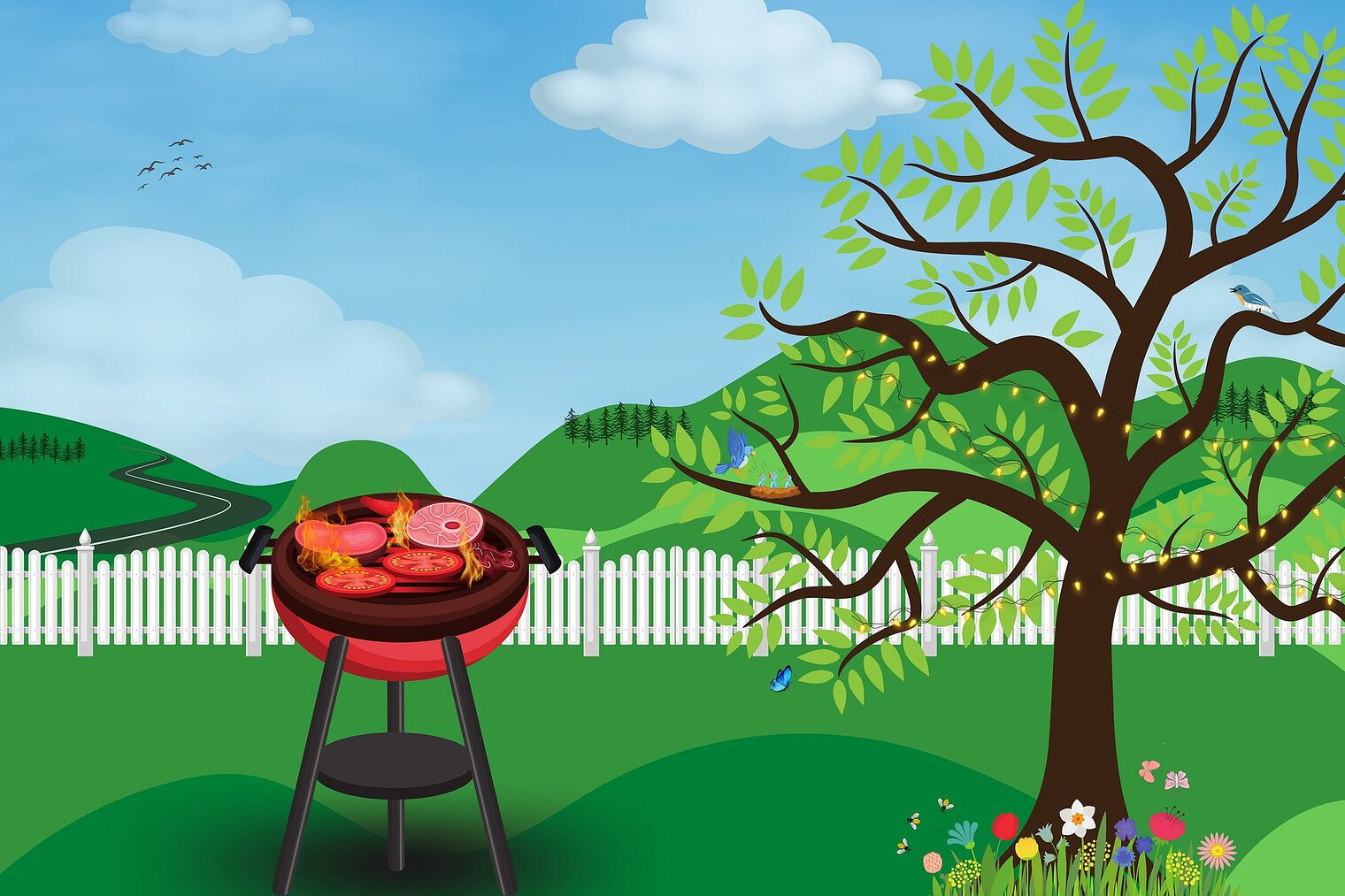 Illustration eines Gartens mit Barbecue-Grill