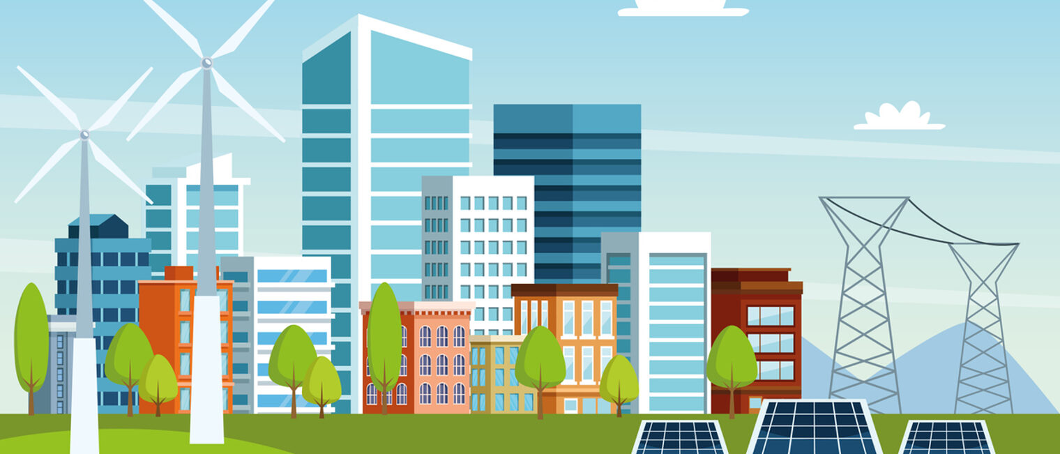 Illustration einer Stadt-Skyline mit Windenergie-Anlagen und Solarpanels