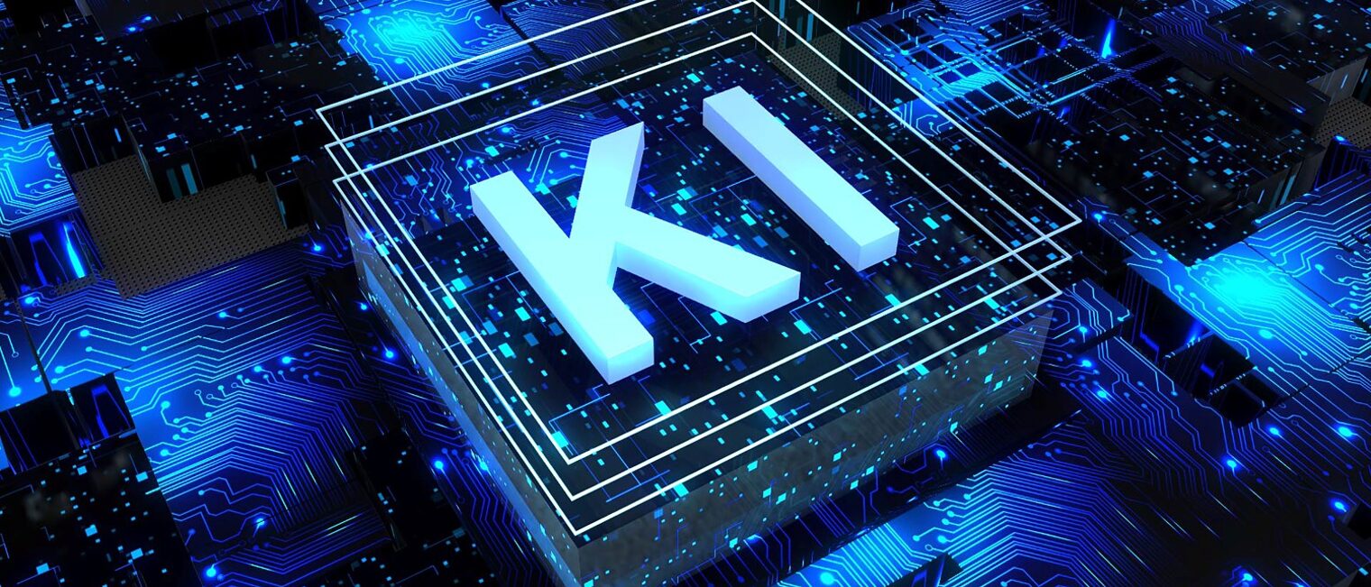 Abstrakter Computer-Chip auf Leiterplatte und mit den Buchstaben KI